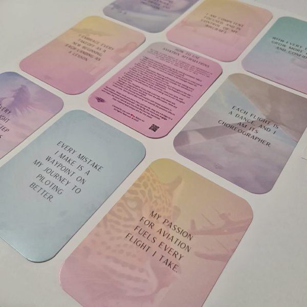 Aviatrix Affirmation Cards: A curated collection of 50 empowering affirmations, tailor-made for female pilots. Elevate your flying experience and personal journey with wisdom and inspiration from every card. Perfect for aspiring and seasoned aviatrixes